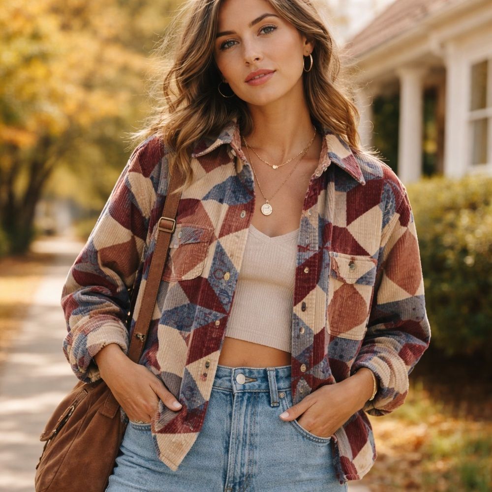 Urban Outfitters Corduroy Patchwork Button-Up Shirt | Boho Geo Print | Small